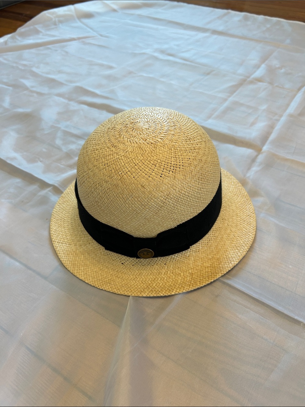 Natural Straw Cloche Hat with Black Ribbon Band